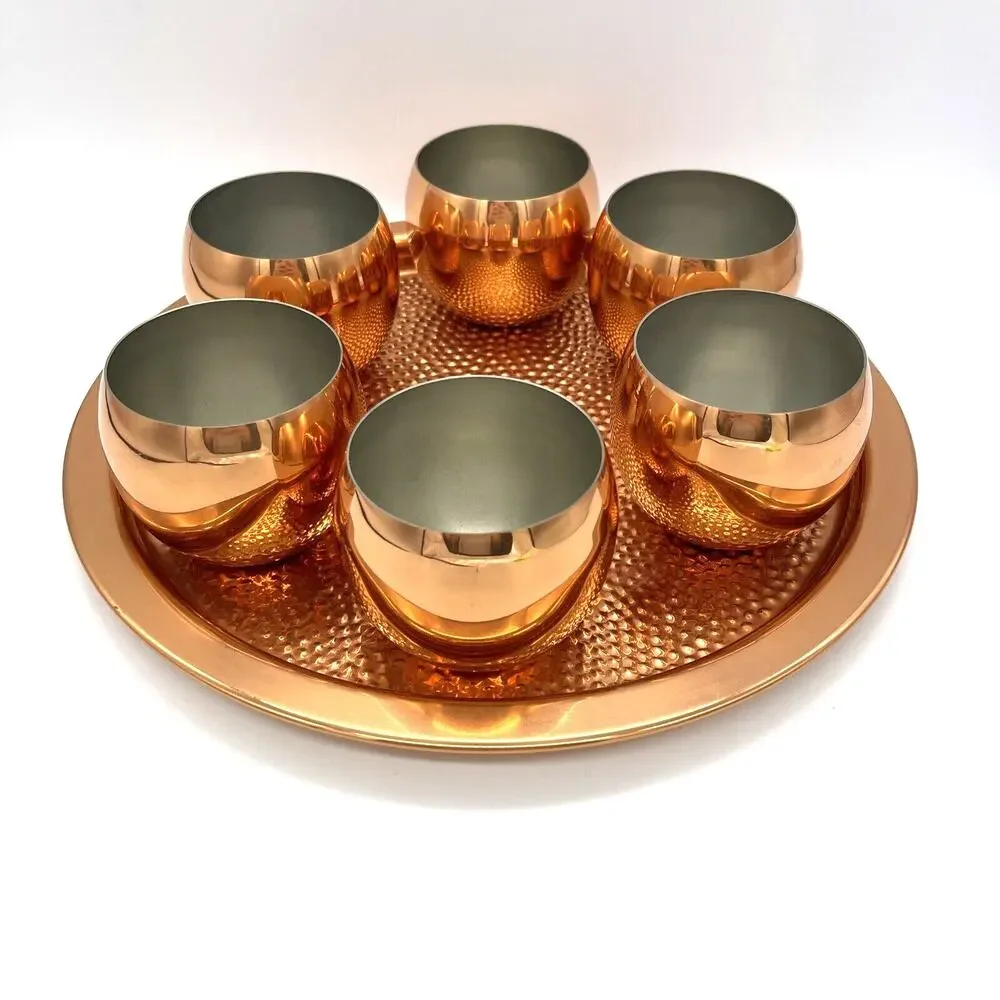 MCM Coppercraft Guild Copper Hammered Tray & 6 Roly Poly Cups Mid Century Modern